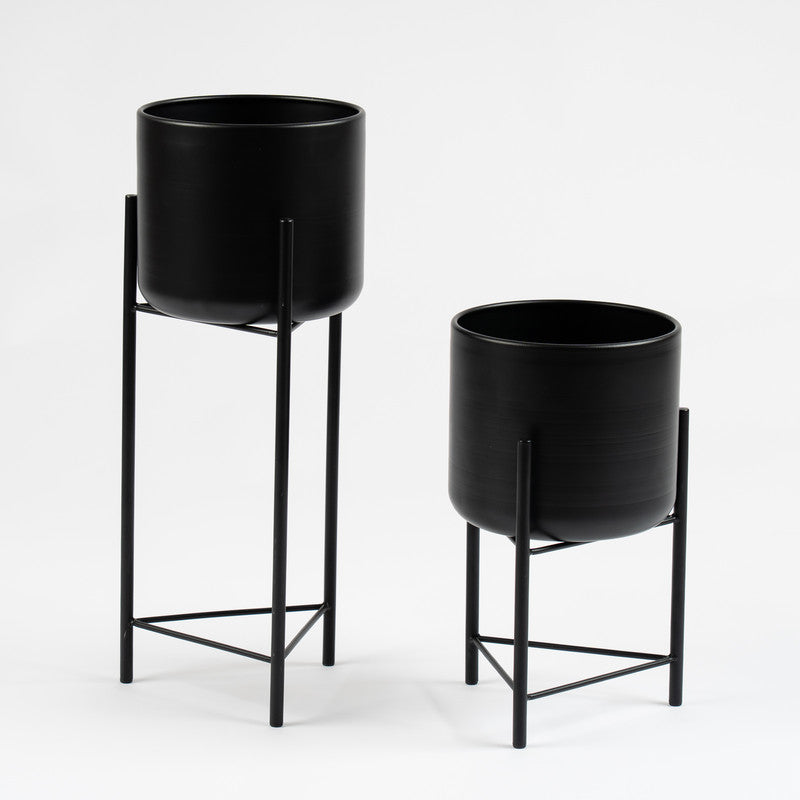 Set of 2 Black Planters on Stand